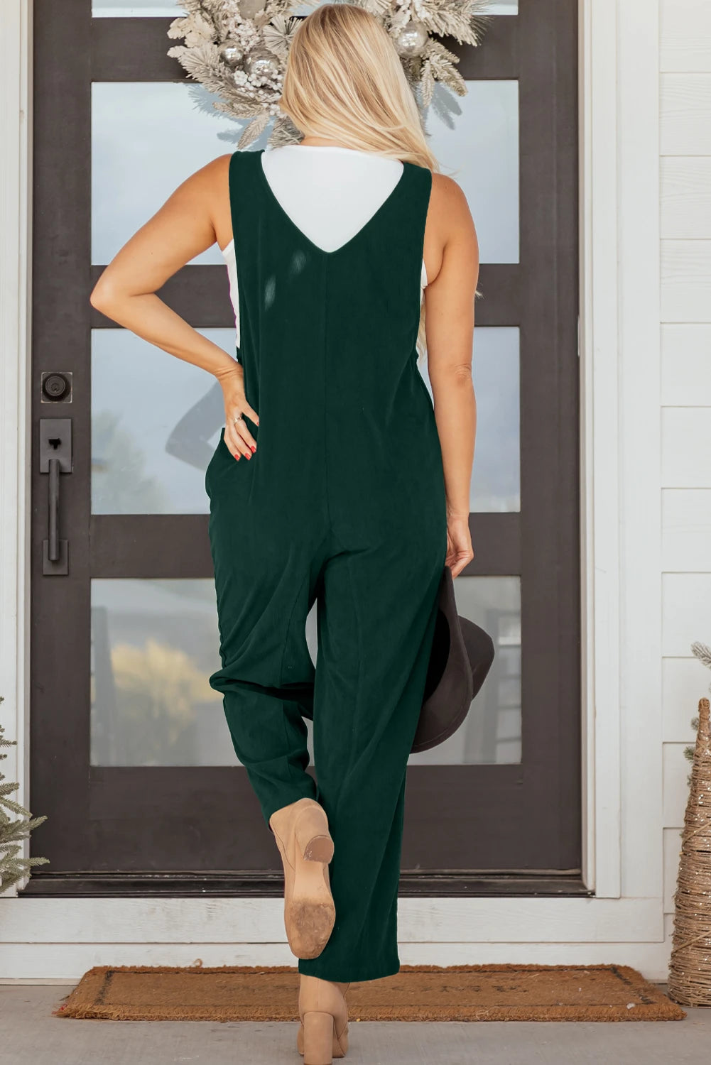 Corduroy V-Neck Sleeveless Jumpsuit