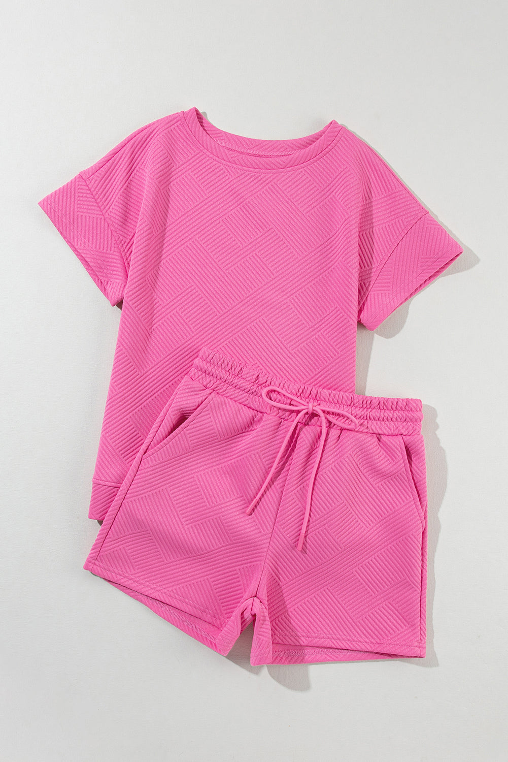 2pcs Textured Drawstring Shorts Set